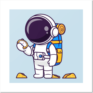 Cute Astronaut Backpacker With Compass Cartoon Posters and Art